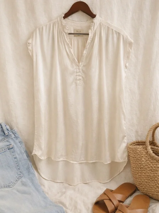 Tina Jo Ivory Satin Blouse Cap Sleeve Ruffle Neck Minimal Coastal Chic wedding - Picture 6 of 6